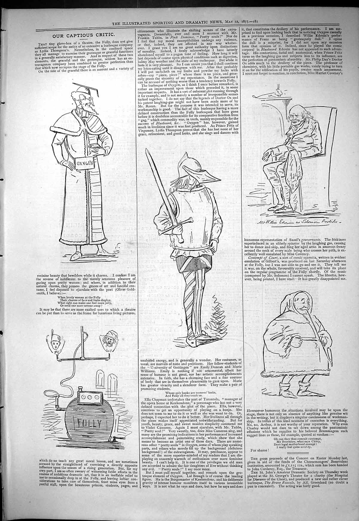 Antique Old Print 1877 Captious Critic Theatre Folly Tracher Knight Armour 19th