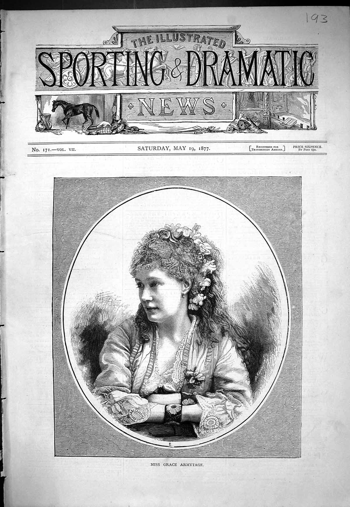 Original Old Antique Print 1877 Portrait Miss Grace Armytage Beautiful Woman