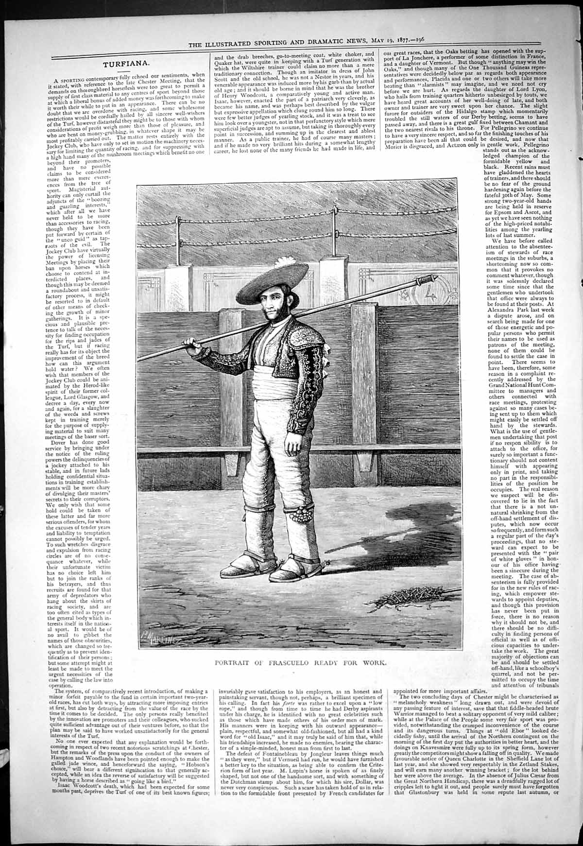 Original Old Antique Print 1877 Portrait Fruscuelo Bull Fighter Ready For Work