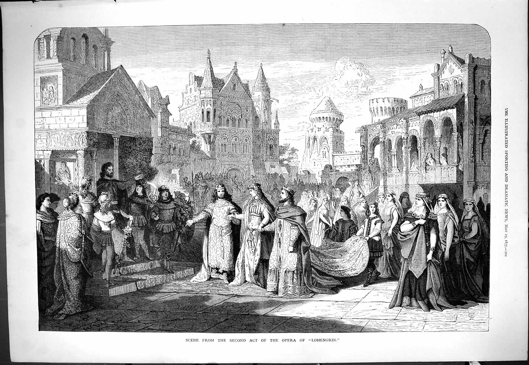 Original Old Antique Print 1877 Scene Theatre Opera Lohengrin Actors Victorian