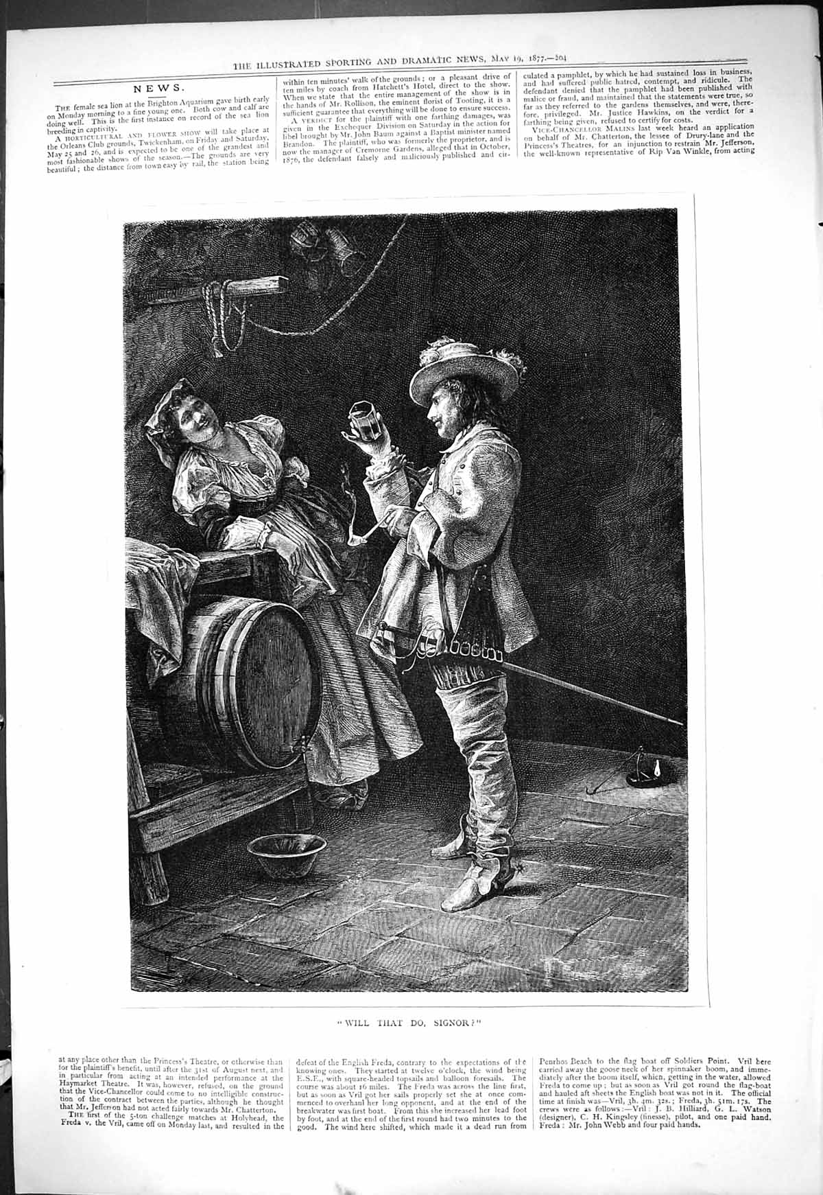 Old Print 1877 Will That Do Signor Man Lady Romance Smoking Pipe Barrell 19th