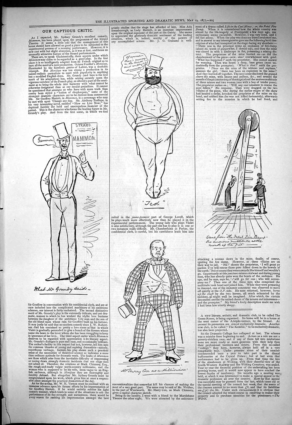 Original Old Antique Print 1877 Captious Critic Theatre Grundy Harry Ted 19th