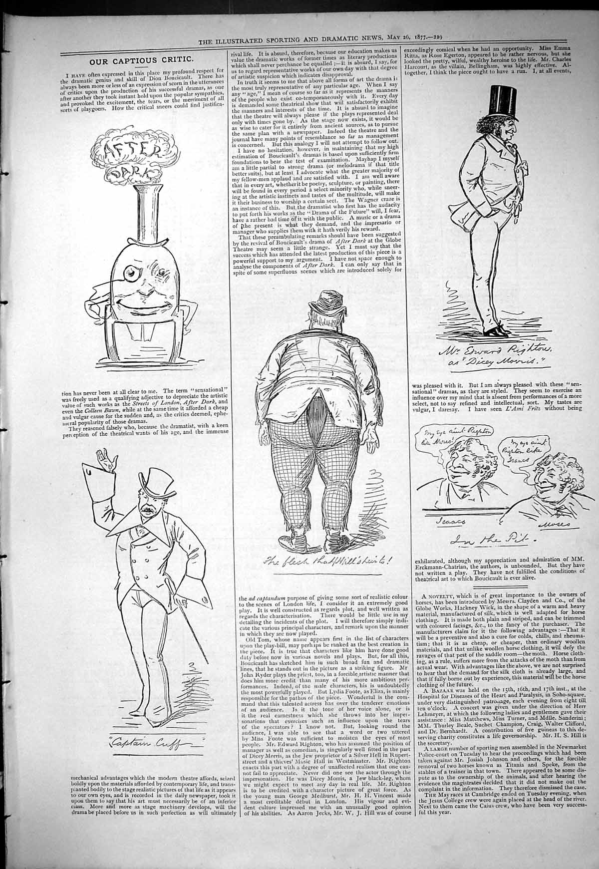 Original Old Antique Print 1877 Captious Critic Theatre Captain Cuff Righton