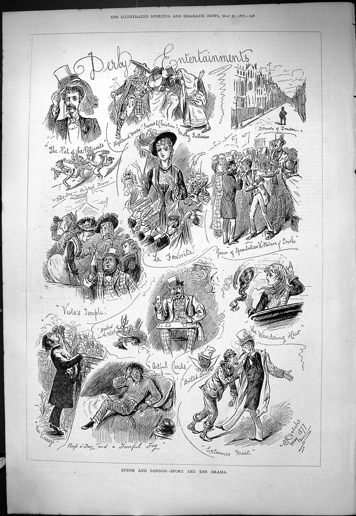 Antique Old Print 1877 Derby Horse Racing Entertainment Epsom London Sport 19th