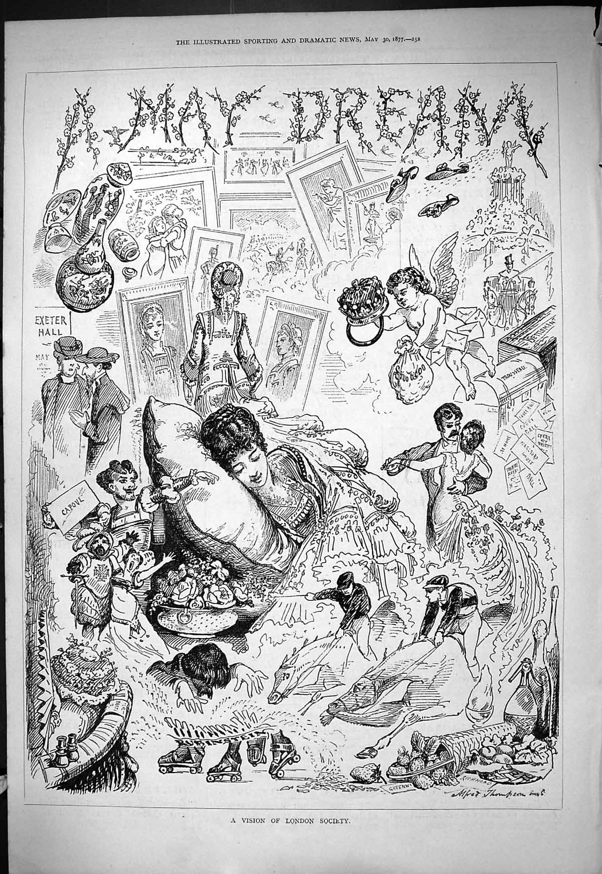 Original Old Antique Print 1877 May Dream Vision London Society 19th