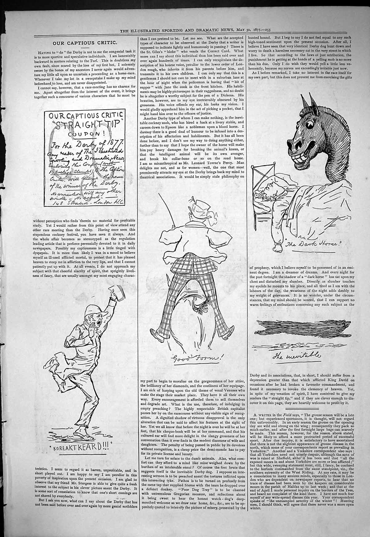 Original Old Antique Print 1877 Captious Critic Theatre Derby Horse Racing 19th