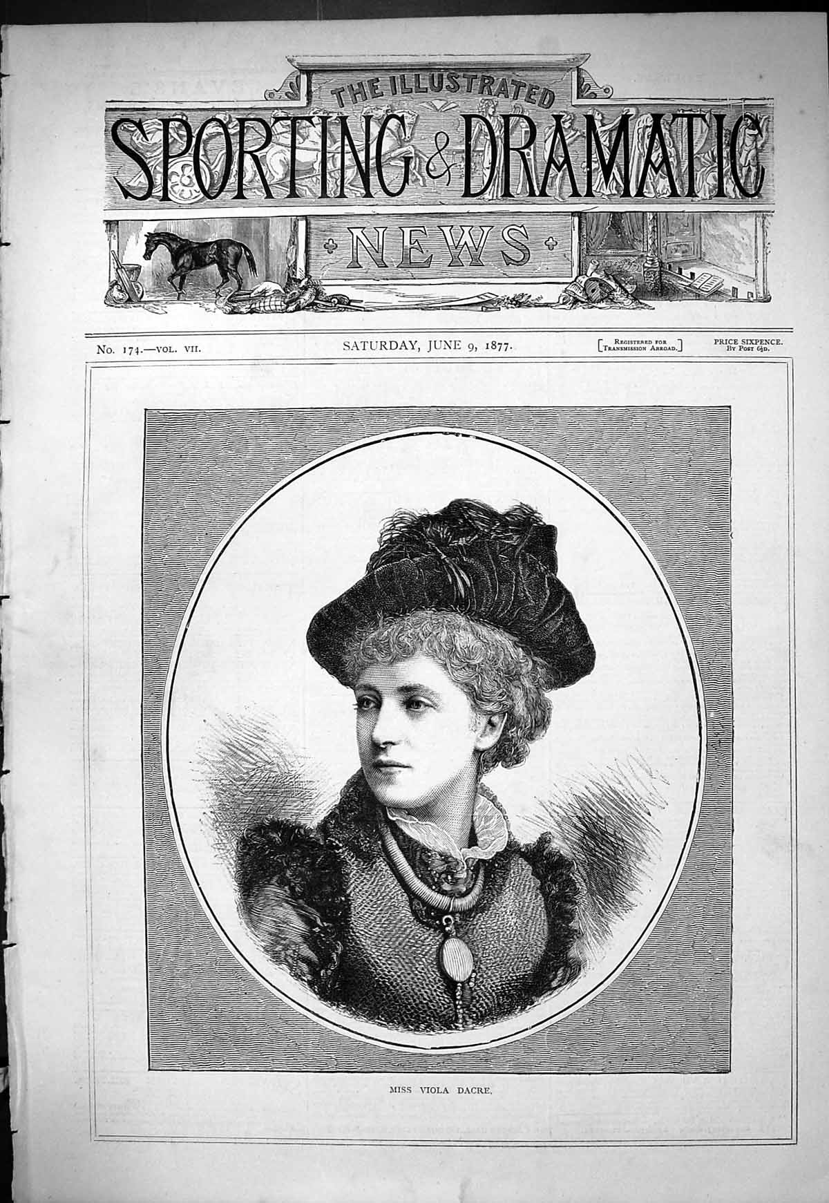 Original Old Antique Print 1877 Portrait Beautiful Woman Miss Viola Dacre 19th