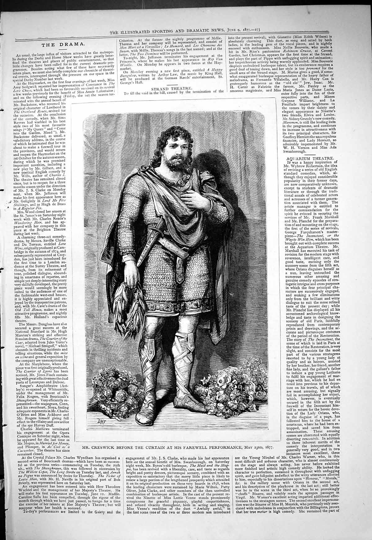 Antique Old Print 1877 Portrait Creswick Theatre Actor Farewell Performance