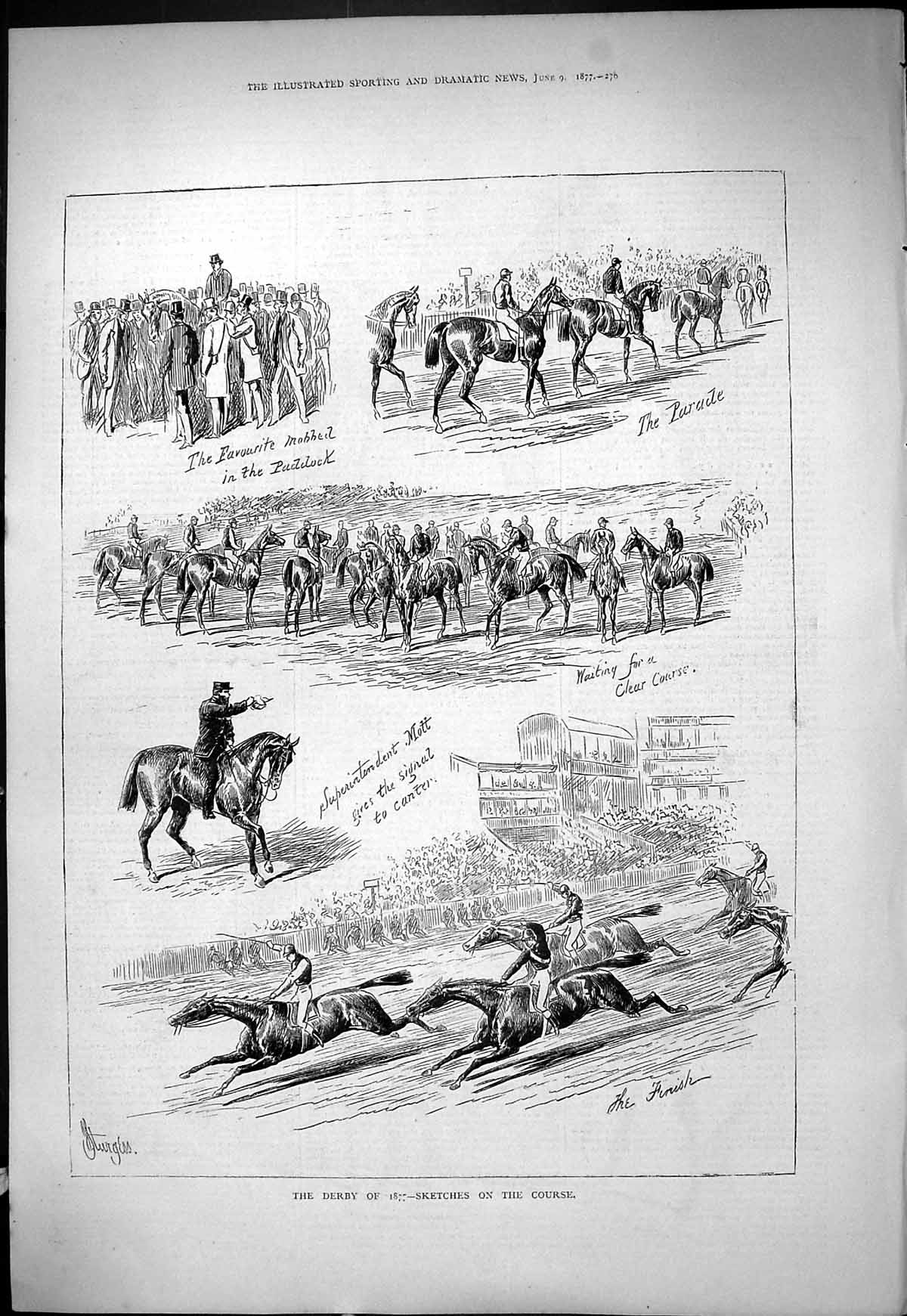 Original Old Antique Print 1877 Derby Horse Racing Superintendent Mott Sport
