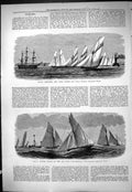 Old Print R.T.Y.C. Schooner Yawl Match Yachts Cutter Gravesend Reach 1877 19th