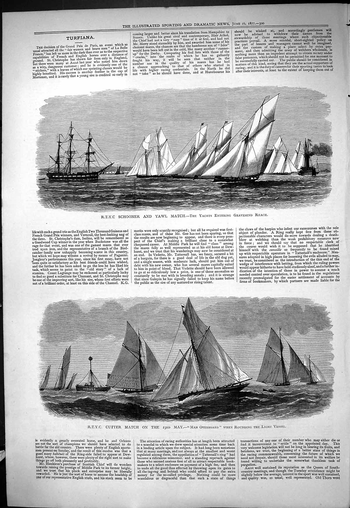 Old Print R.T.Y.C. Schooner Yawl Match Yachts Cutter Gravesend Reach 1877 19th