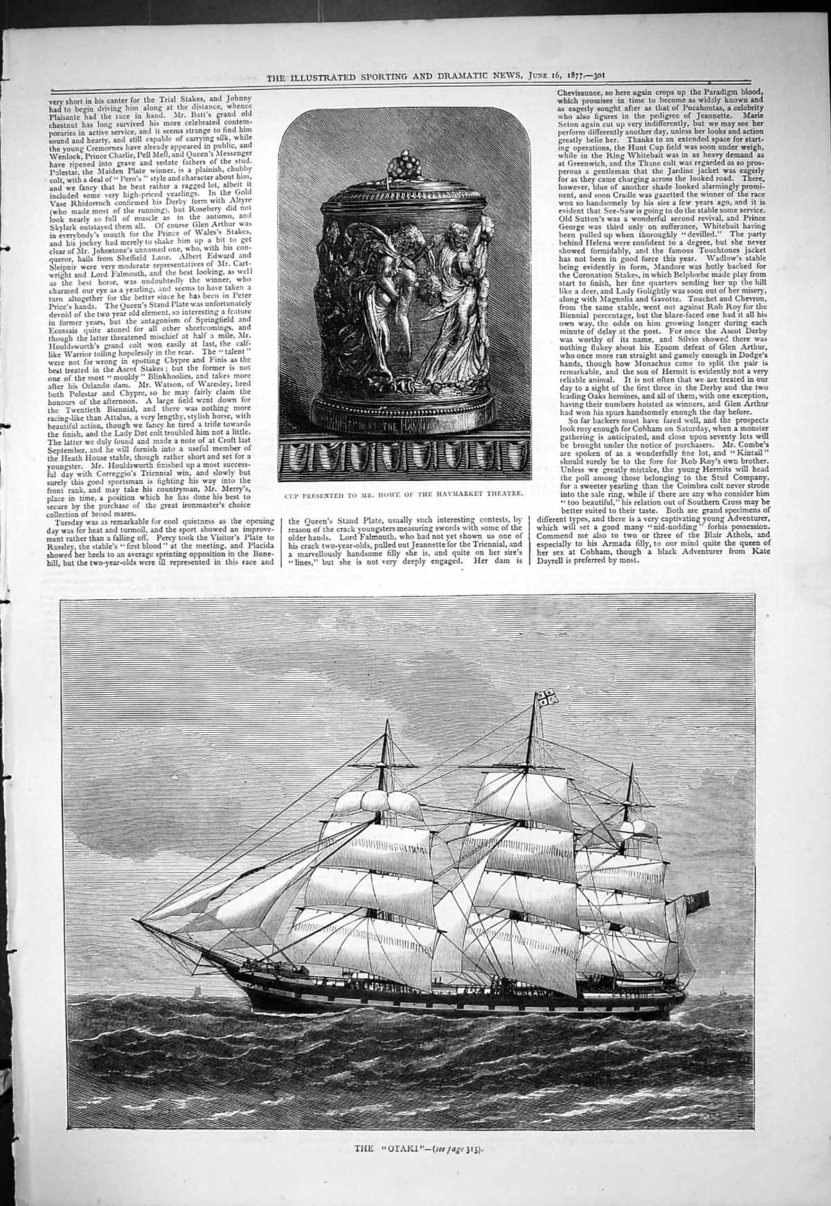 Original Old Antique Print 1877 Cup Howe Haymarket Theatre Sailing Ship Otaki