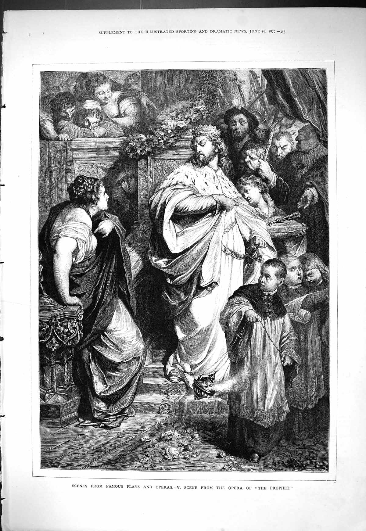 Antique Old Print 1877 Scene Opera Prophet Theatre Church Children Procession