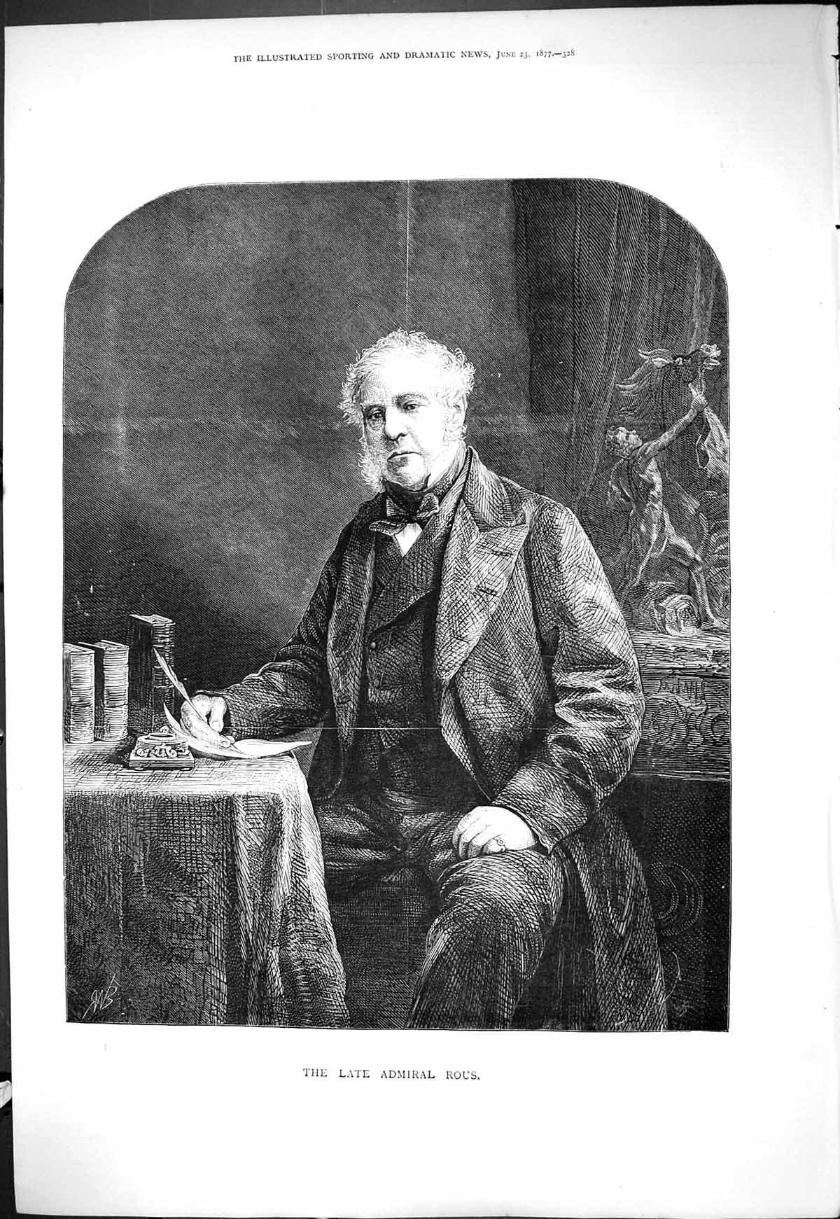 Old 1877 Portrait Late Admiral Rous Man Sitting Table Writing Letter Victorian