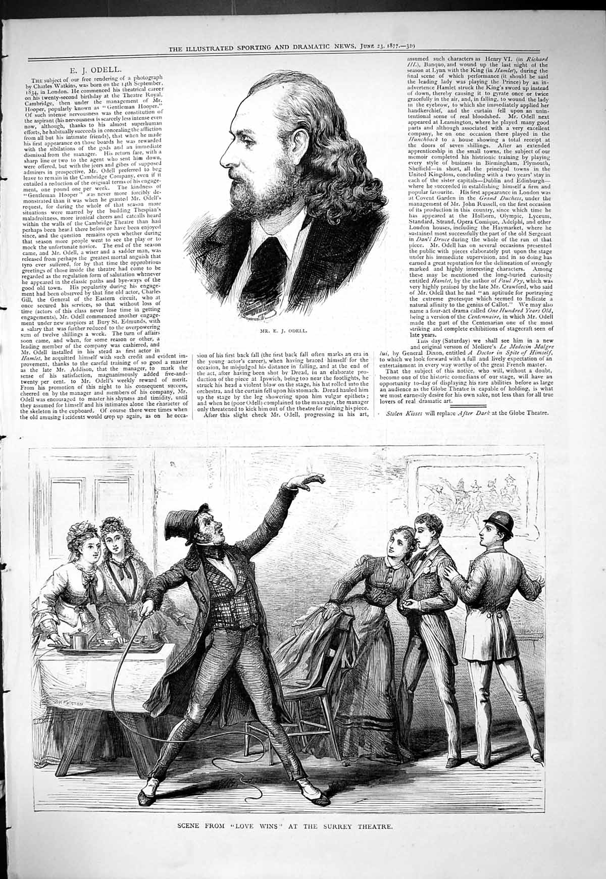 Original Old Antique Print Portrait Odell 1877 Scene Love Wins Surrey Theatre
