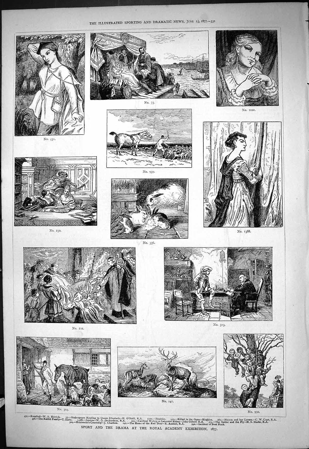 Old 1877 Sport Drama Royal Academy Exhibition Rosalind Beatrice Deer Victorian