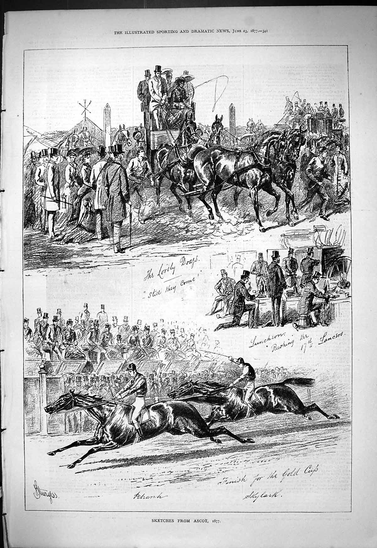 Antique Old Print 1877 Ascot Horse Racing Sport Transport Coach GCup Skylark