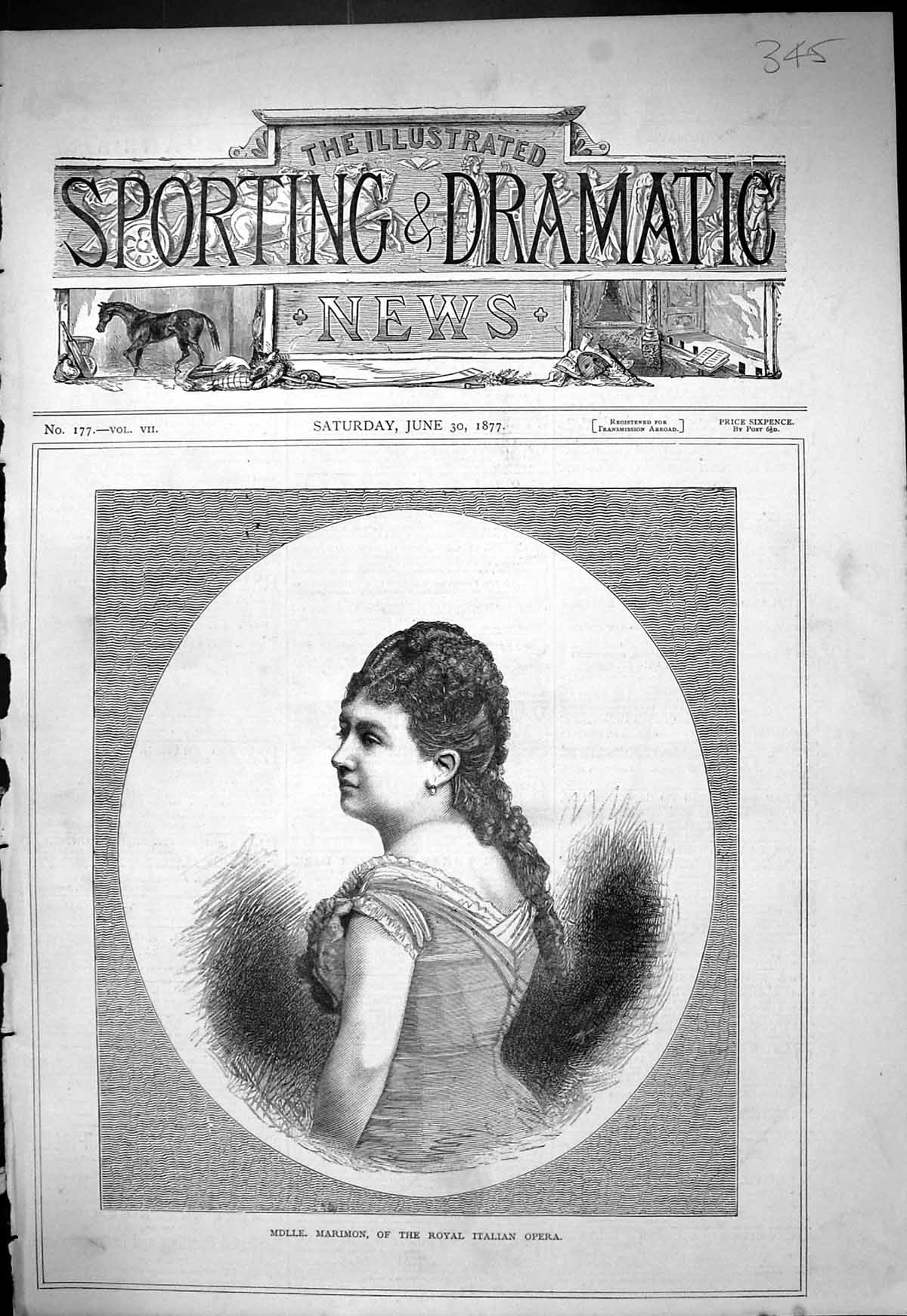 Old 1877 Portrait Mdlle. Marimon Royal Italian Opera Beautiful Woman Victorian