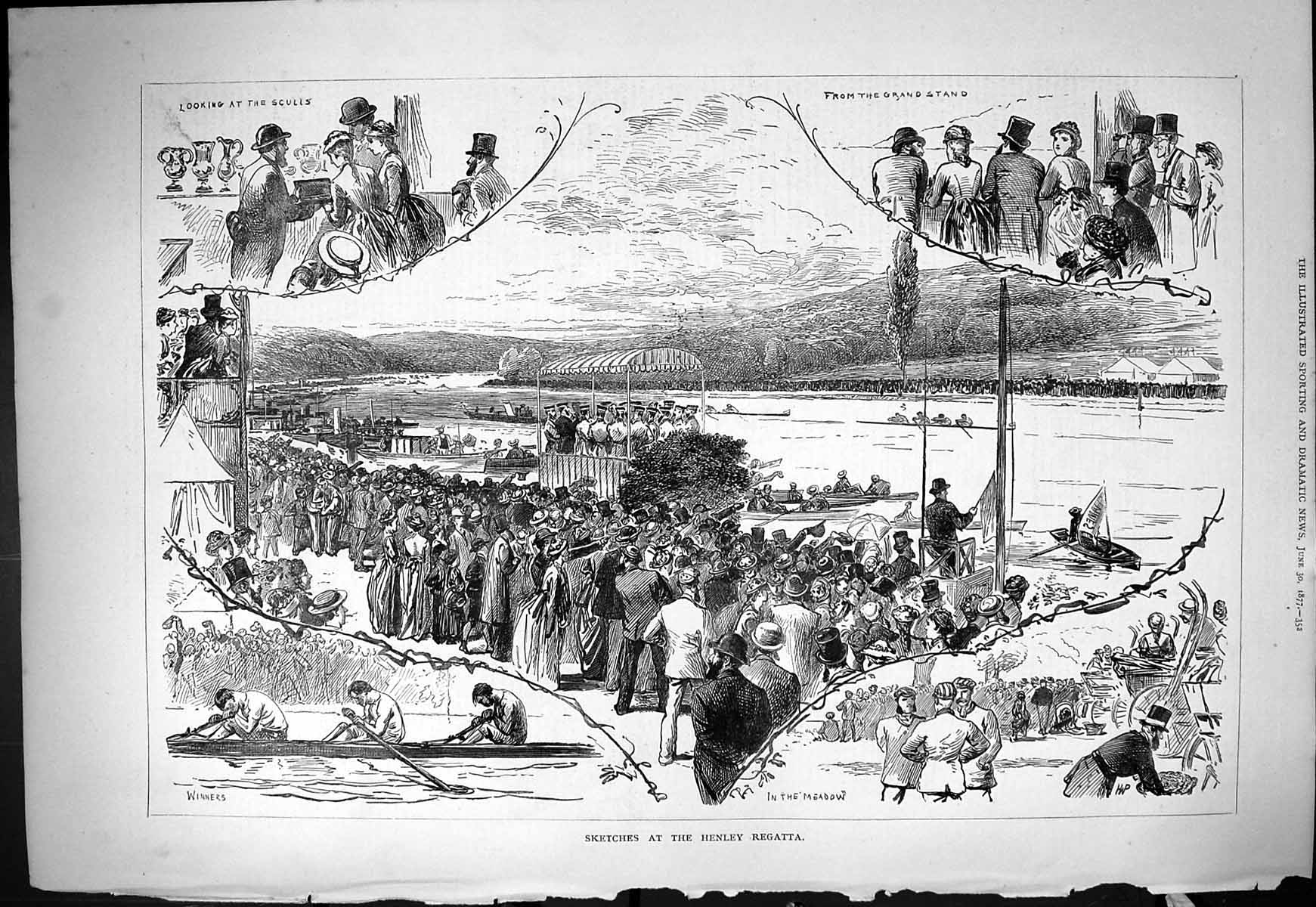 Original Old Antique Print 1877 Henley Regatta Rowing Boats Race Sport 19th
