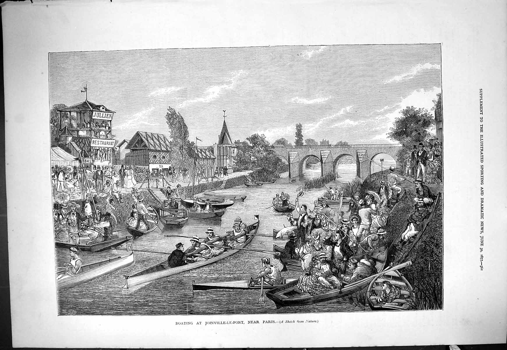 Old Antique Print 1877 Boating Joinville-Le-Pont Paris France River Boats 19th