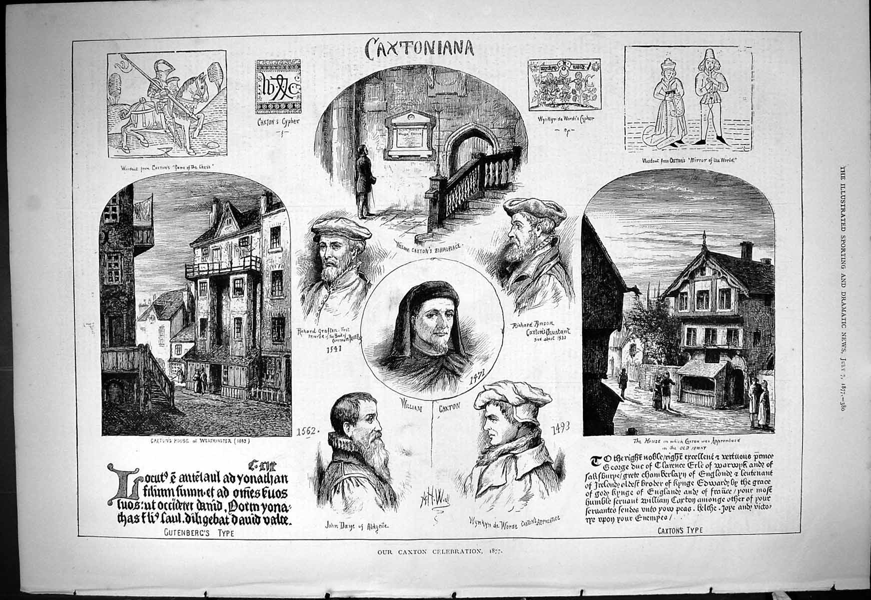 Old 1877 Caxton Celebration House Westminster Pynson Wynkyn Worde Day Victorian