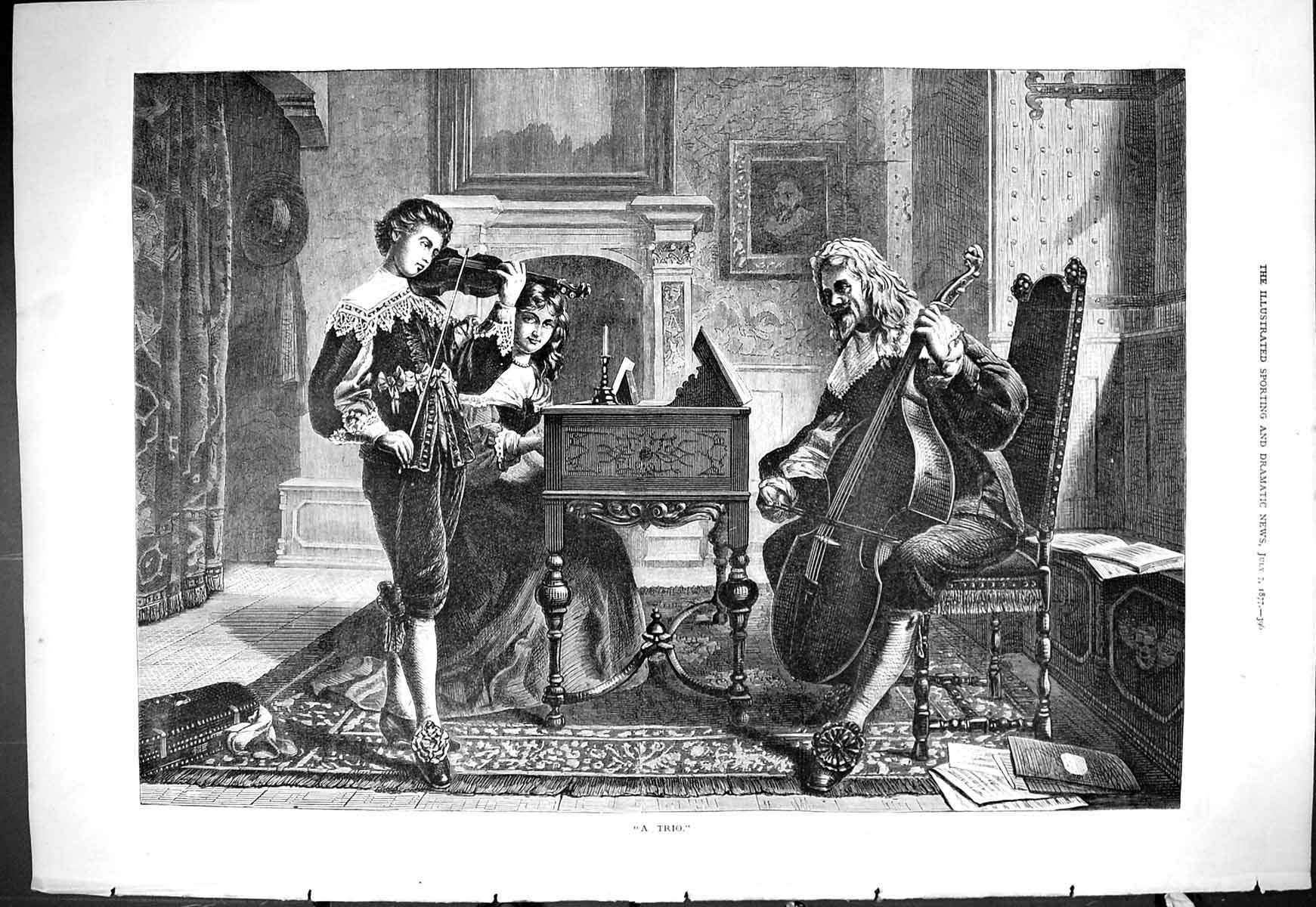 Original Old Antique Print 1877 Trio Music Instruments Entertainment Victorian