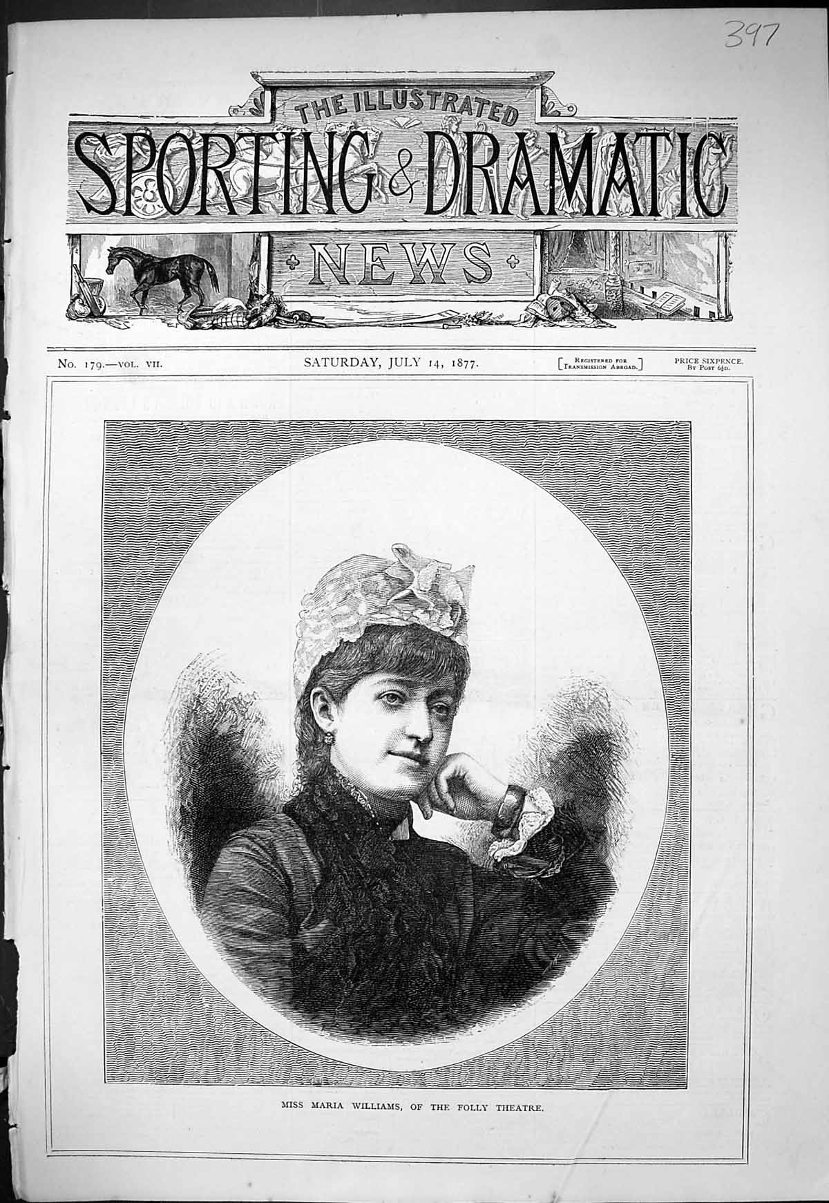 Antique Old Print Portrait Beautiful Woman Maria Williams Folly Theatre 1877