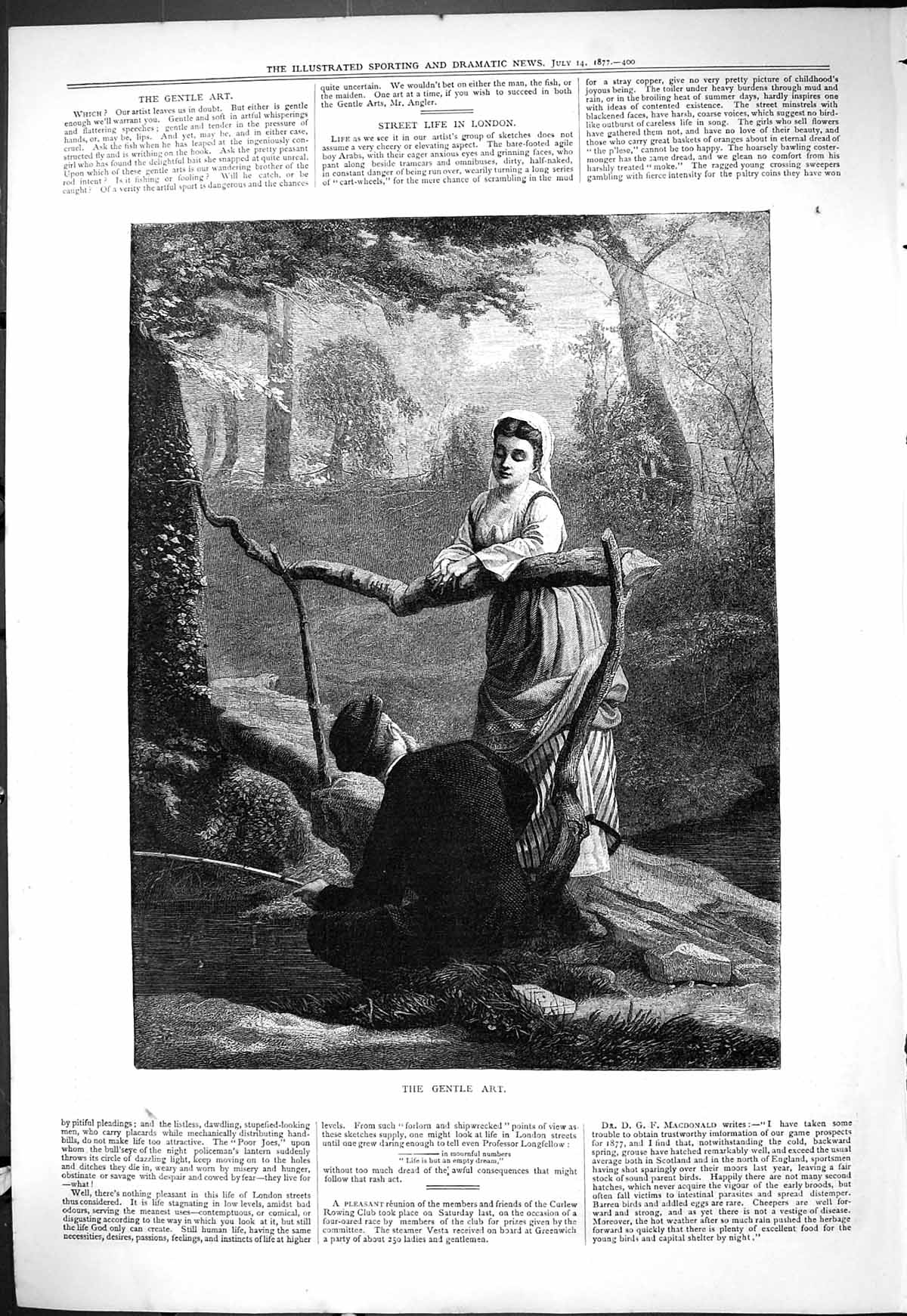 Original Old Antique Print 1877 Gentle Art Man Fishing Lady Romance Victorian
