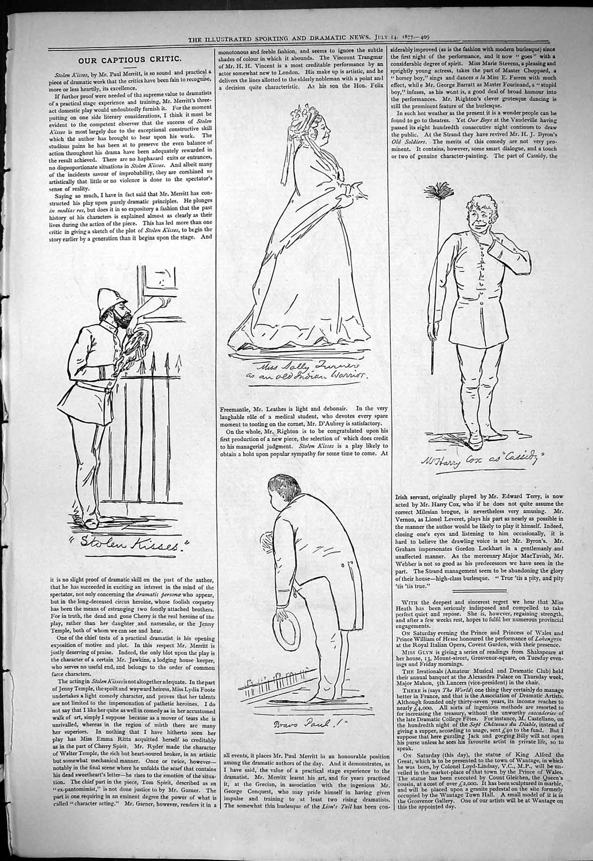 Antique Old Print 1877 Captious Critic Theatre Stolen Kisses Merritt Romance