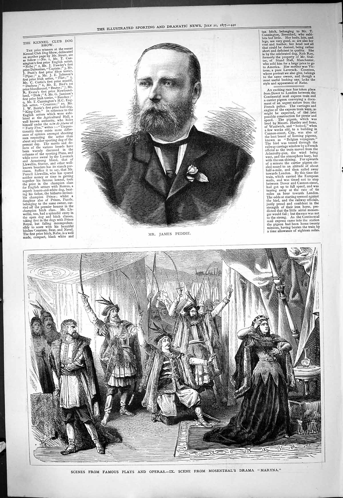 Old Print 1877 Portrait James Peddie Scene Mosenthal Drama Maryna Theatre 19th
