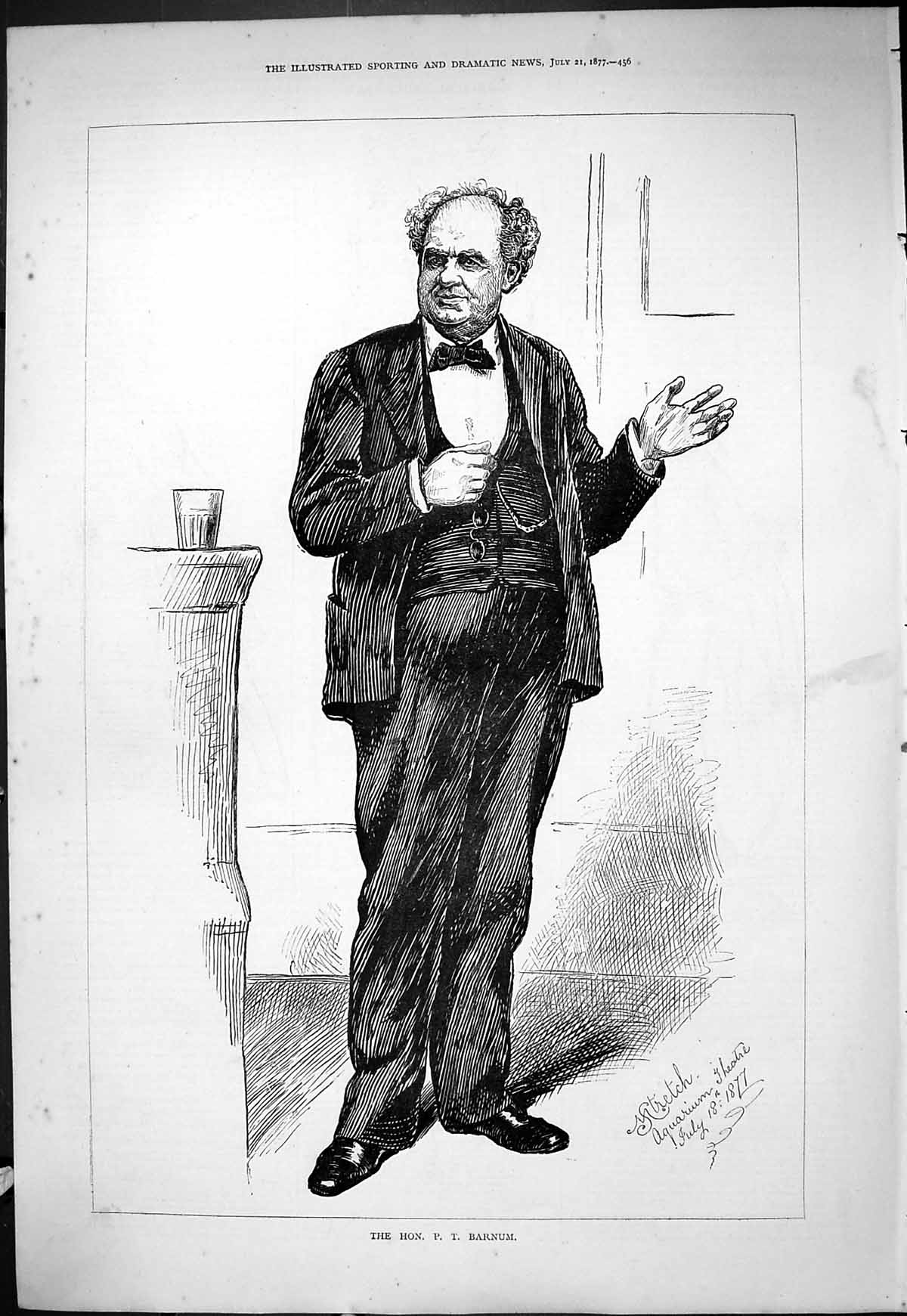 Original Old Antique Print 1877 Portrait Barnum Aquarium Theatre 19th