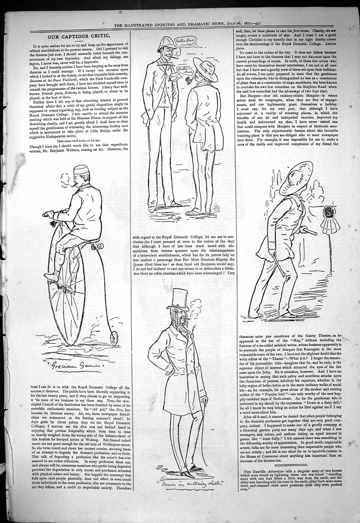 Antique Old Print Captious Critic Grecian Games Theatre Dramatic College 1877