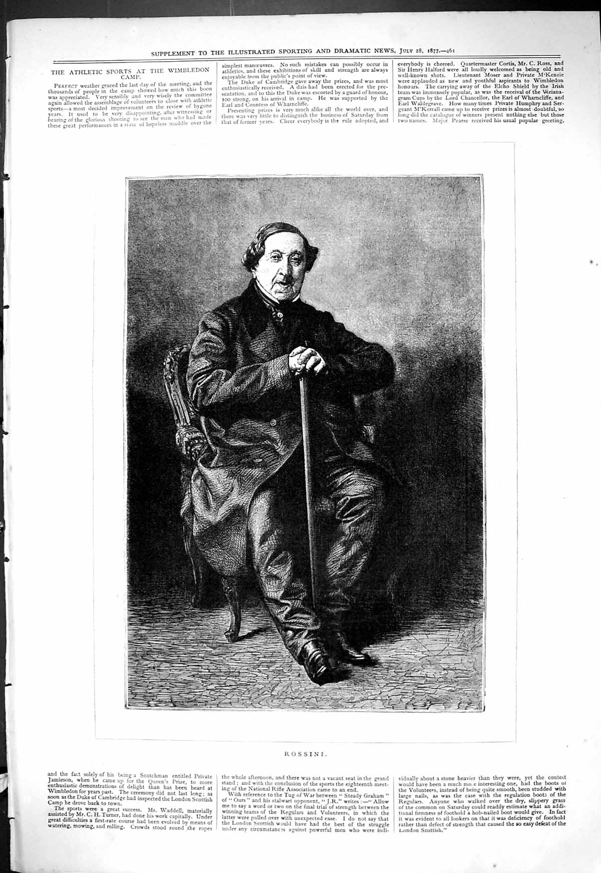Old Antique Print 1877 Portrait Rossini Man Sitting Chair Walking Stick 19th