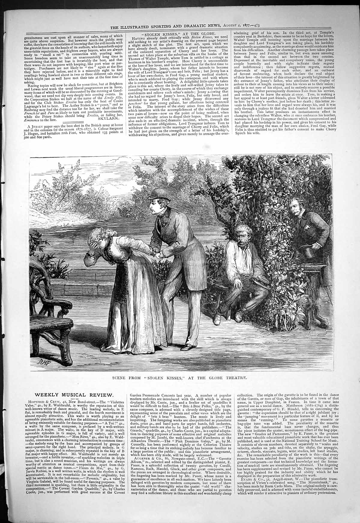 Original Old Antique Print Scene Stolen Kisses Globe Theatre Romance 1877 19th