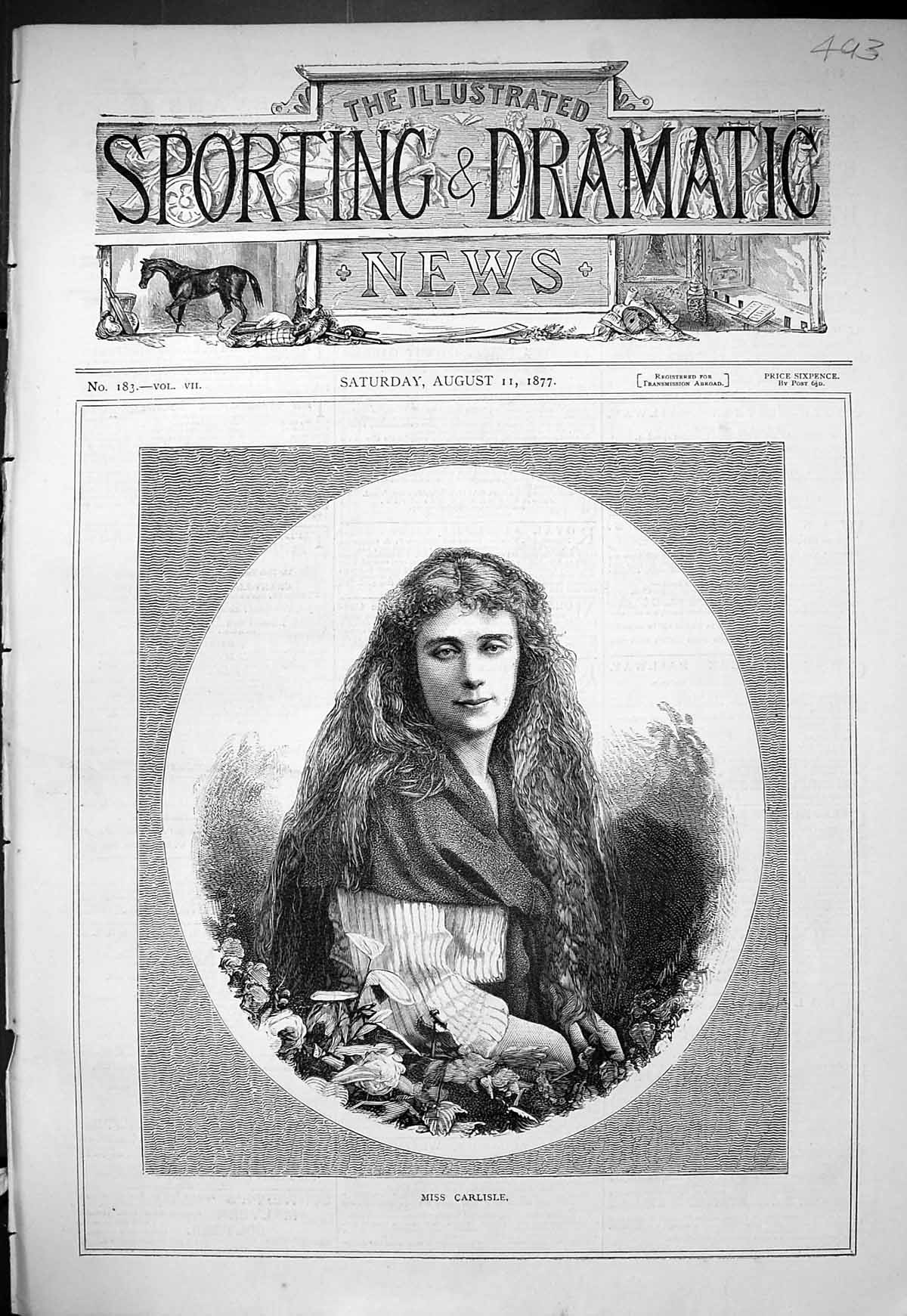 Original Old Antique Print 1877 Portrait Beautiful Woman Miss Carlisle 19th
