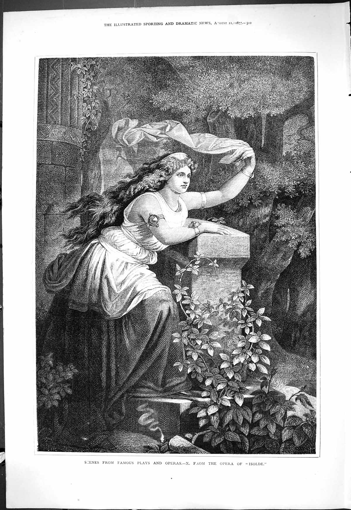 Original Old Antique Print 1877 Scene Famous Play Opera Ise Beautiful Woman
