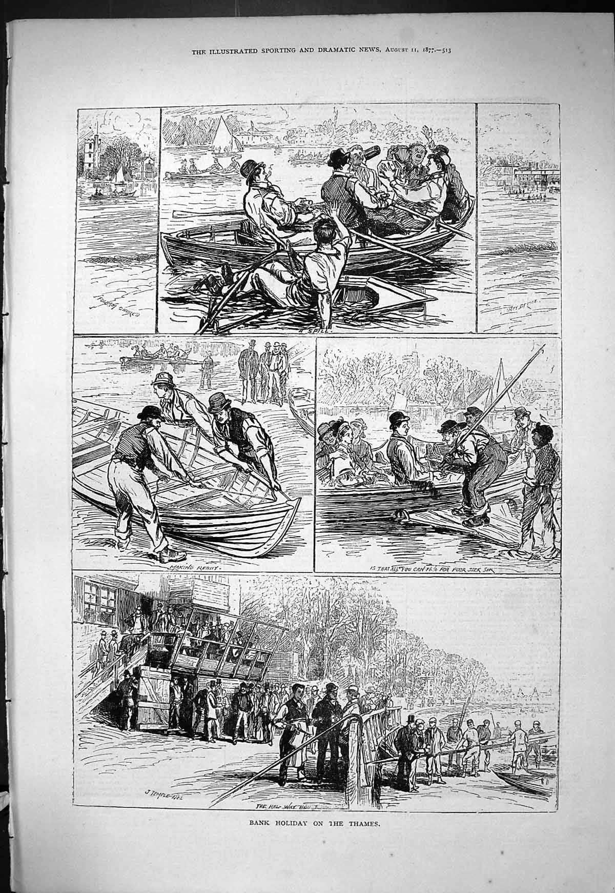Original Old Antique Print 1877 Bank Holiday River Thames London Boats 19th