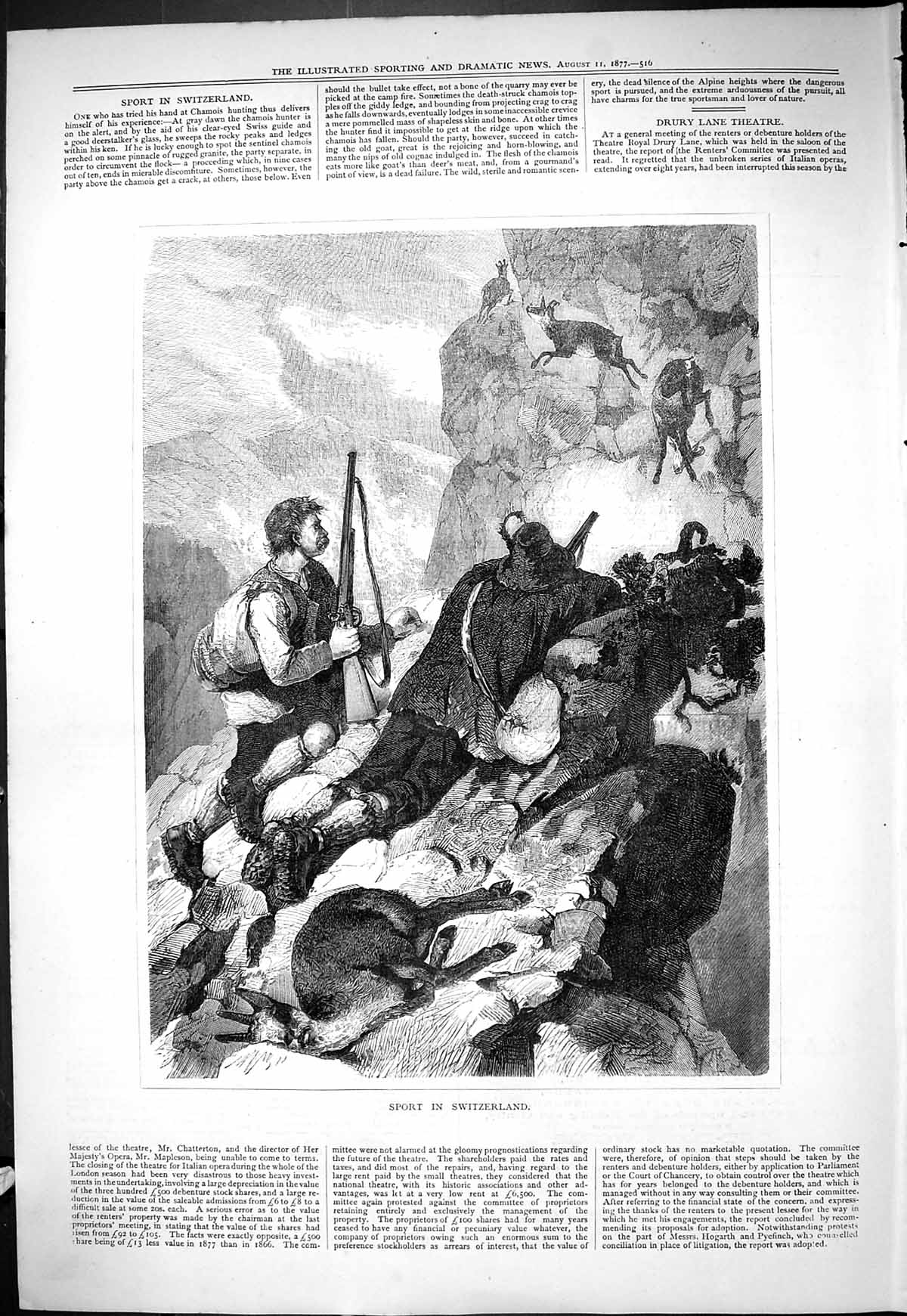 Original Old Antique Print 1877 Sport Switzerland Hunting Shooting Mountains