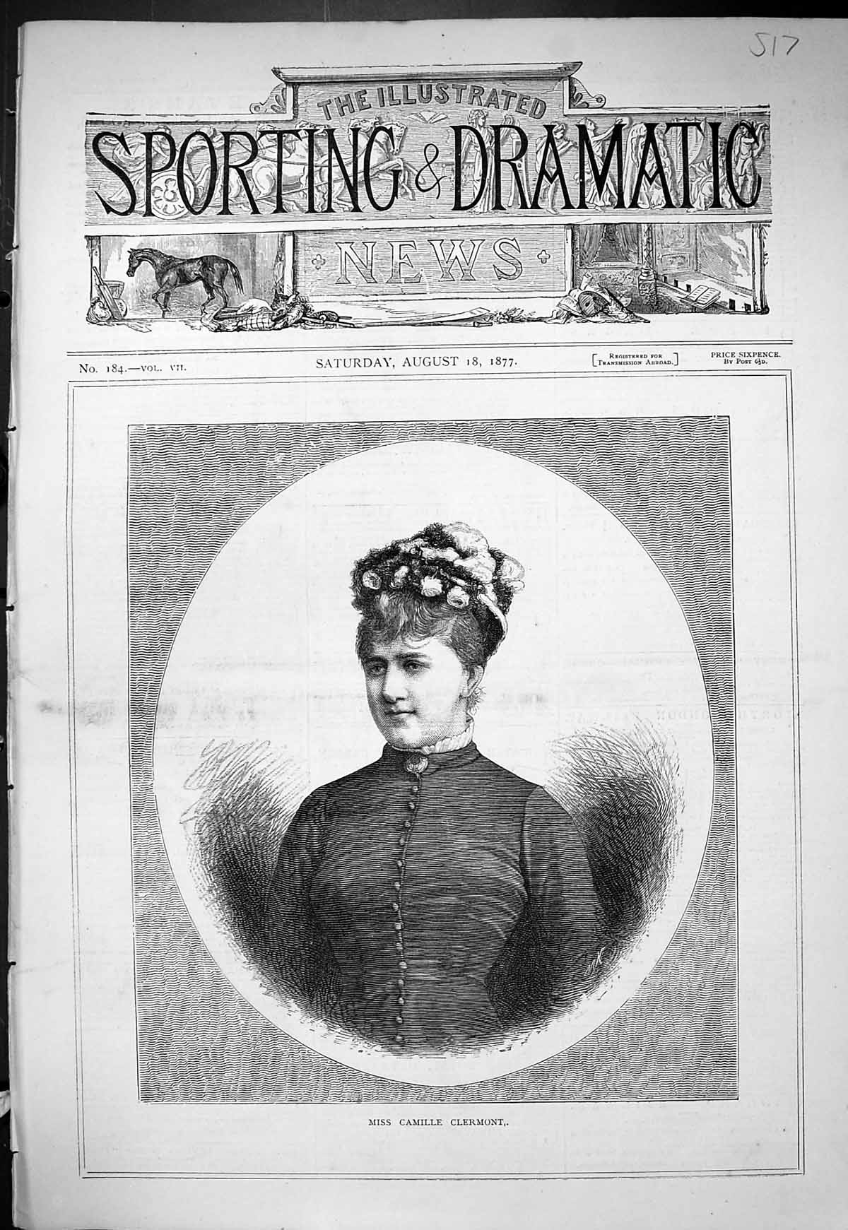 Original Old Antique Print 1877 Portrait Miss Camille Clermont Beautiful Woman