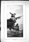 Original Old Antique Print 1877 Fisherman Wife Fishing Boat Sea Scene Victorian