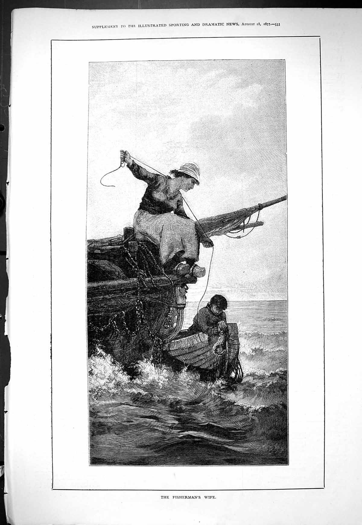 Original Old Antique Print 1877 Fisherman Wife Fishing Boat Sea Scene Victorian
