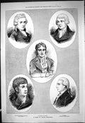 Old Print 1877 Portrait Dramatists Sheridan Dibidin Reyns O'Keefe Cumber 19th