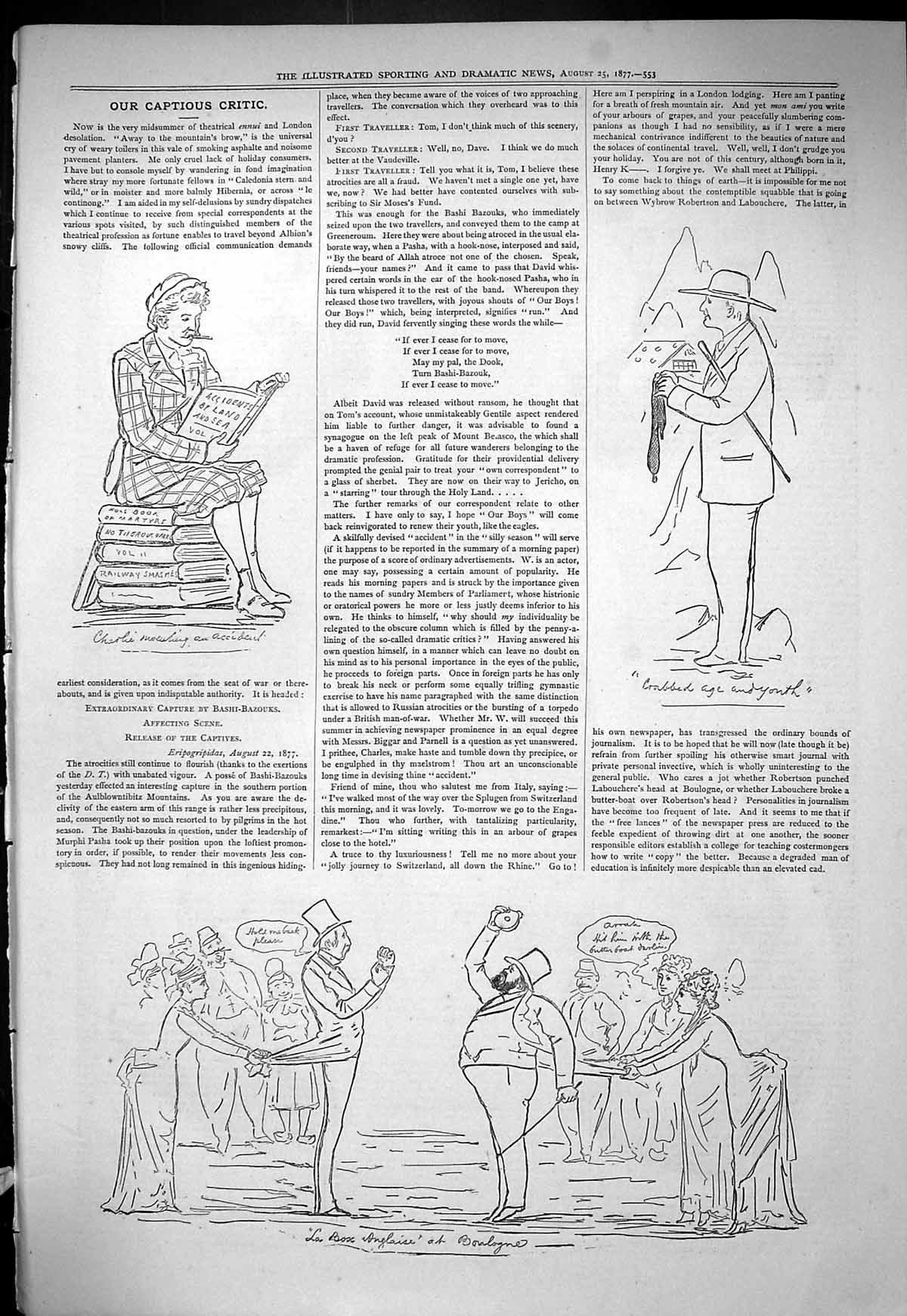 Antique Old Print Theatre Captious Critic Boulogne Man Reading Newspaper 1877