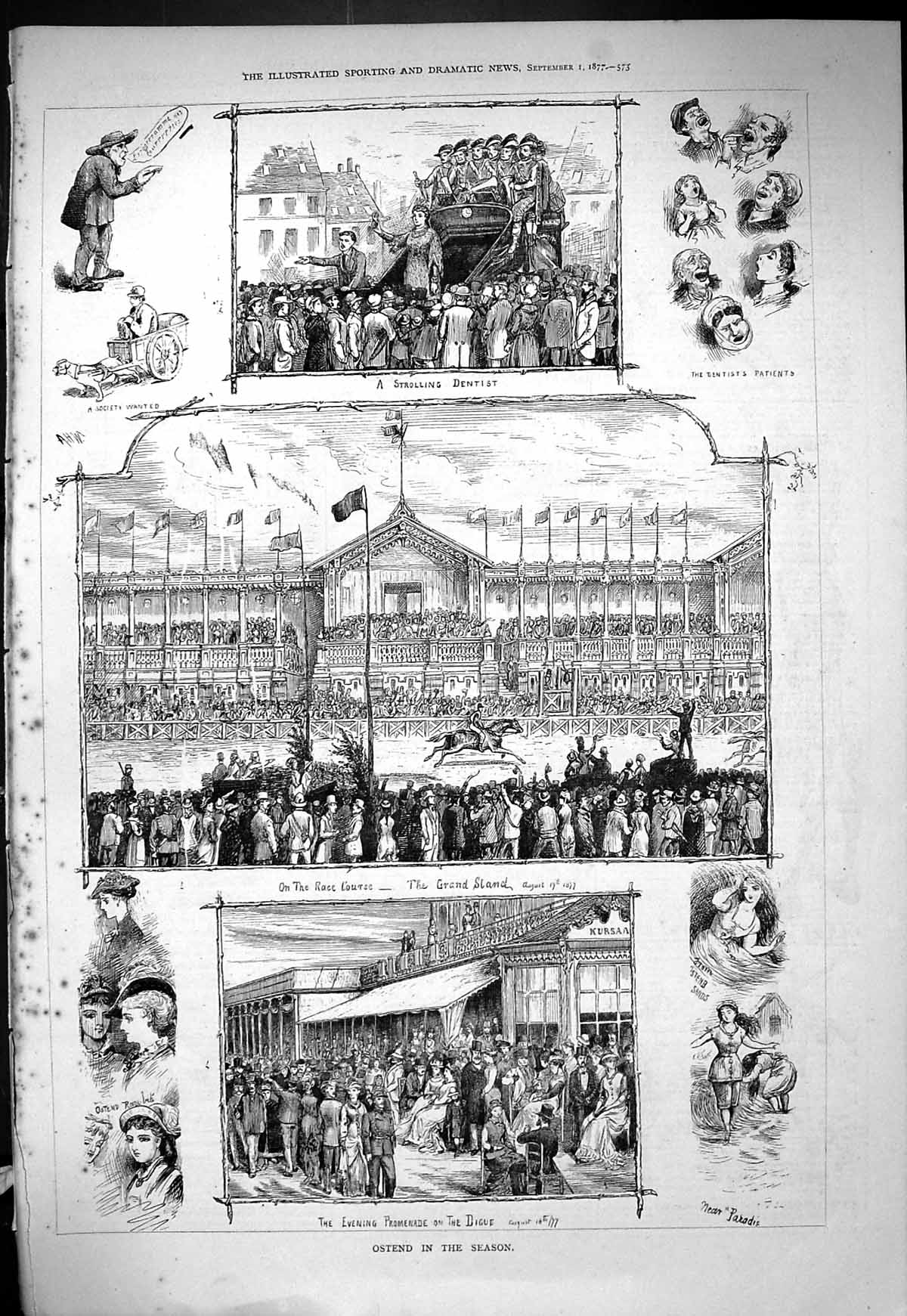 Old 1877 Scene Ostend Season Horse Race Course Grand Stand Strolling Victorian