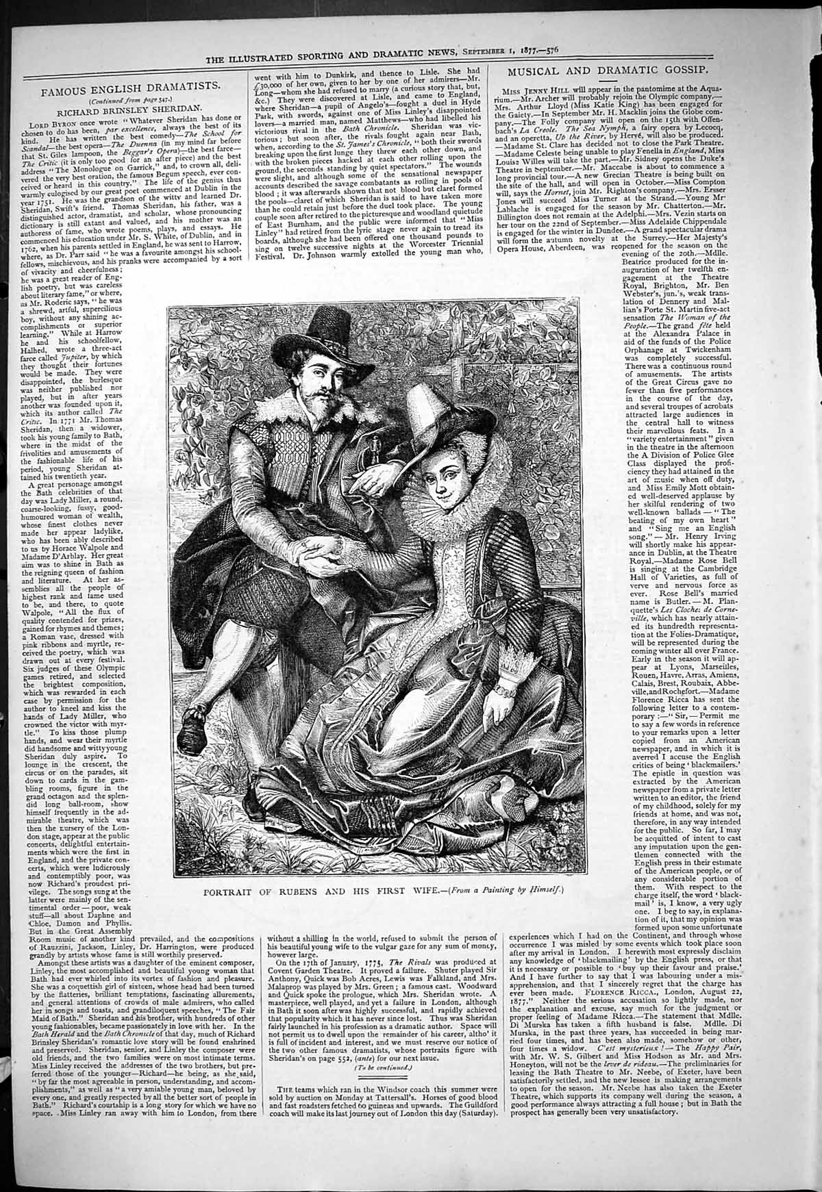 Original Old Antique Print 1877 Portrait Rubens First Wife Romance Victorian