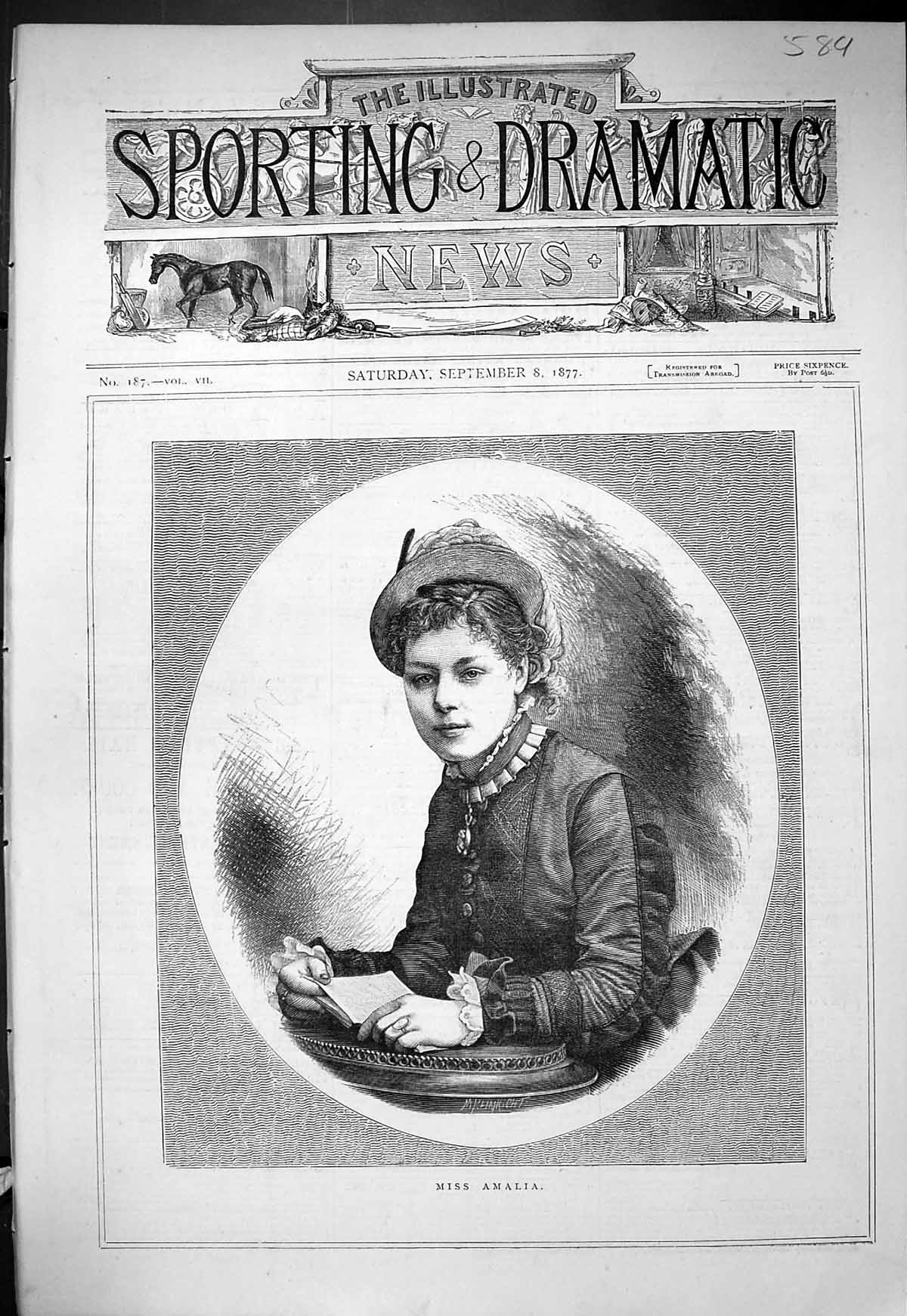 Original Old Antique Print Portrait Beautiful Woman Miss Amalia 1877 Victorian