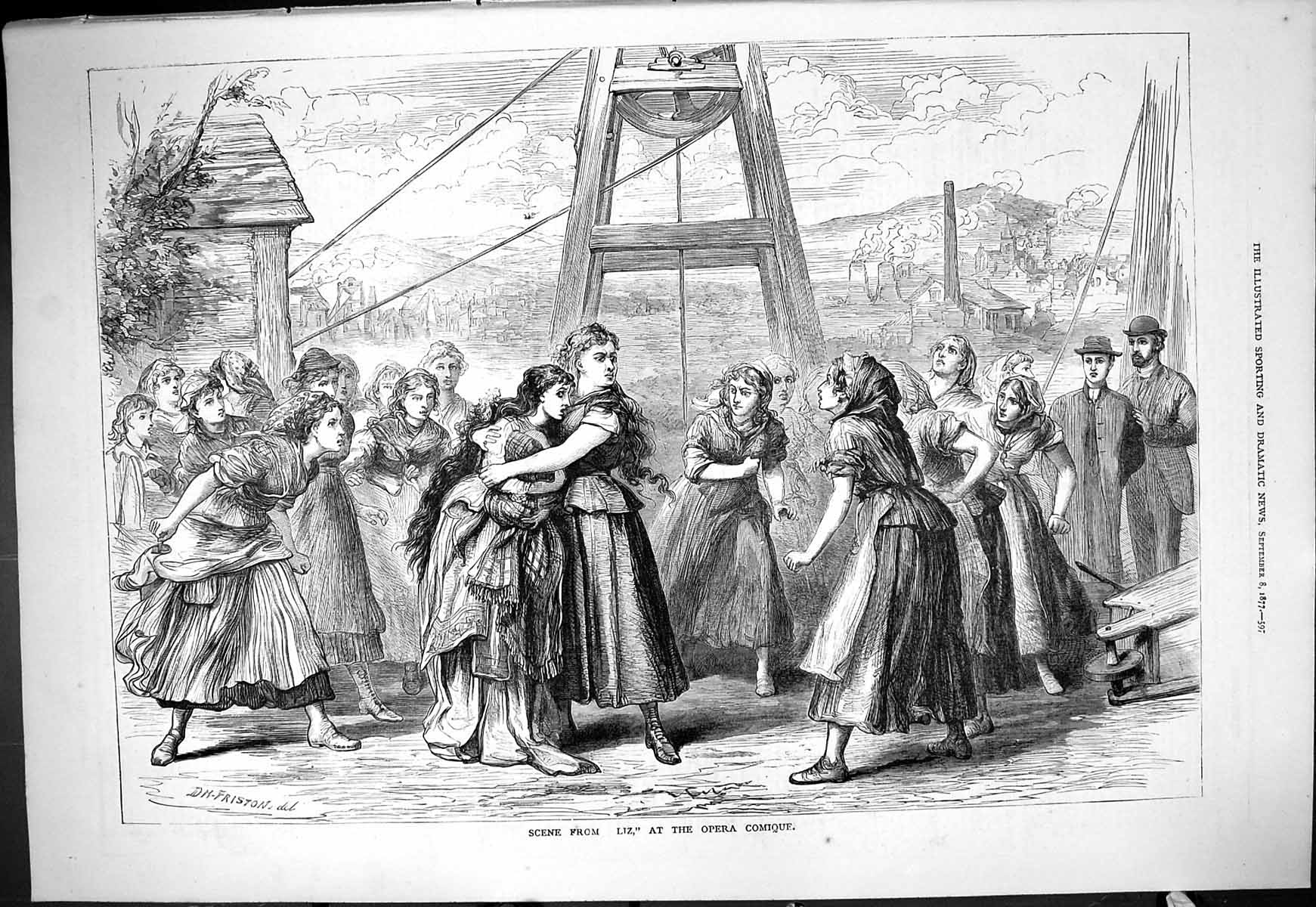 Original Old Antique Print 1877 Scene Liz Opera Comique Theatre Actors Friston