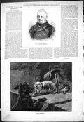Original Old Antique Print 1877 Portrait Thiers Enemies Cat Kitten Dog Fighting