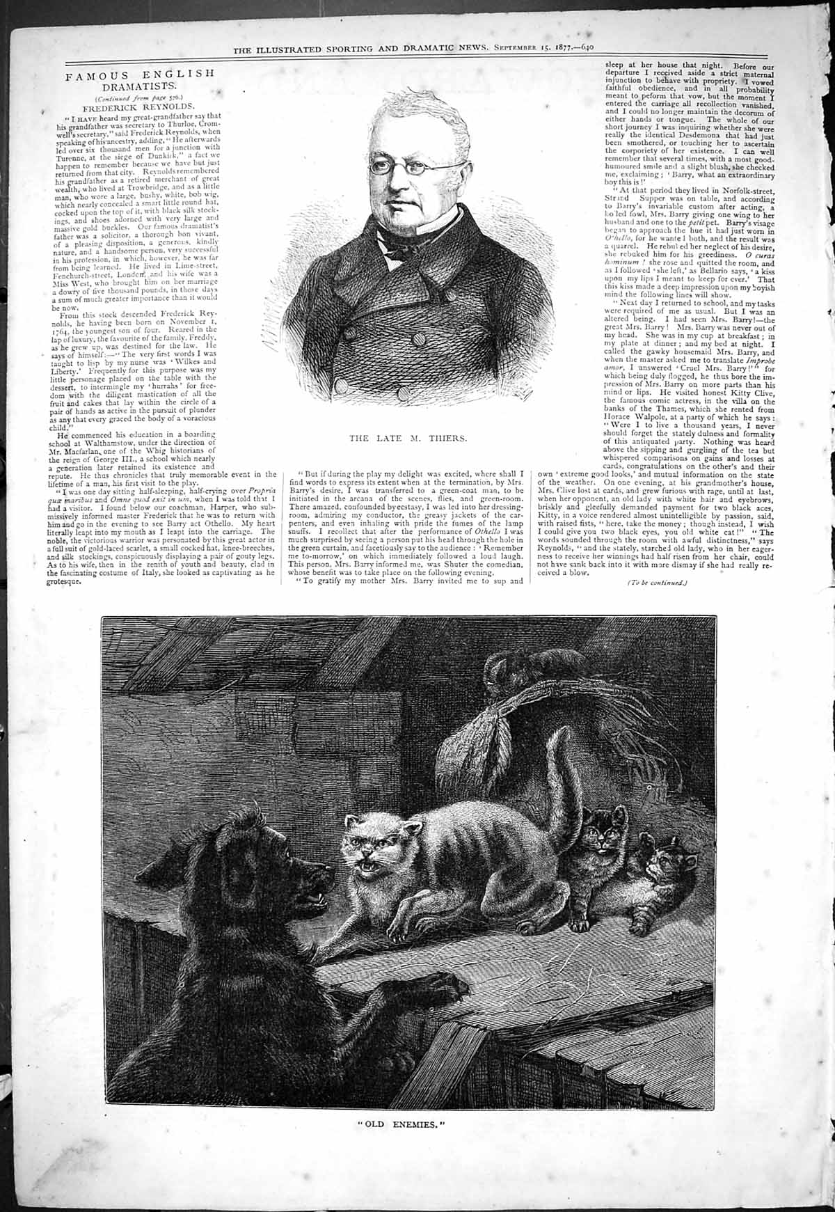 Original Old Antique Print 1877 Portrait Thiers Enemies Cat Kitten Dog Fighting