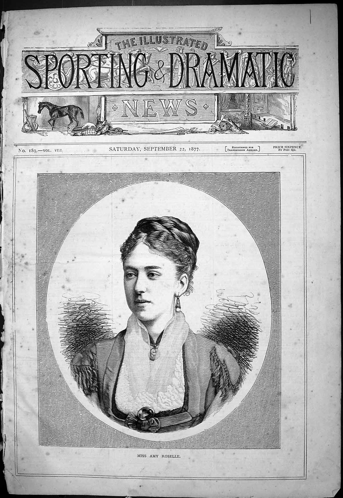 Original Old Antique Print 1877 Beautiful Woman Miss May Roselle 19th